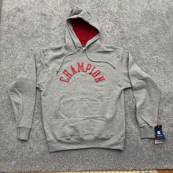 Champion Powerblend Fleece Hoodie Medium Spell Out Retro Activewear Warm Soft - Picture 1 of 12